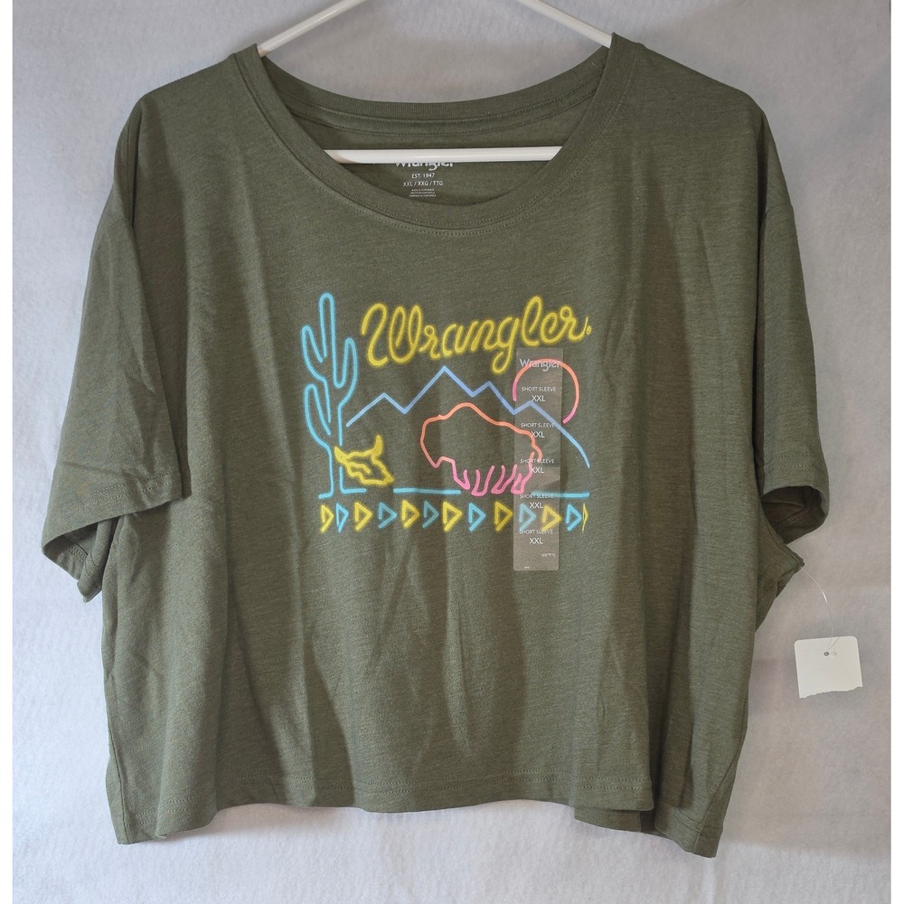 Wrangler Womens XXL Olive Green Neon Desert Graphic Cropped T-Shirt Boxy Fit